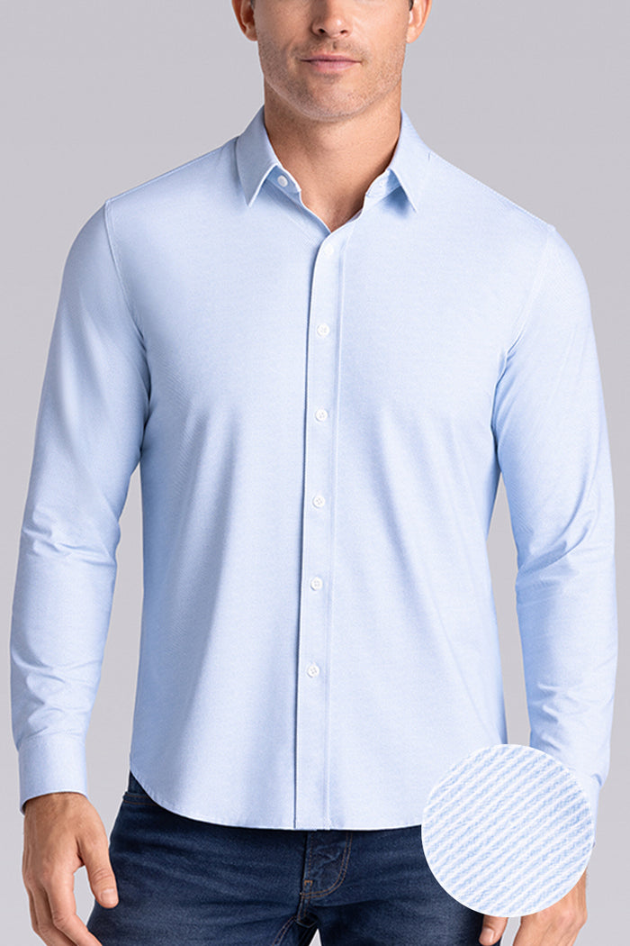 Model wearing Prism Seafoam 6-Way Knit® long sleeve classic collar shirt, styled with jeans