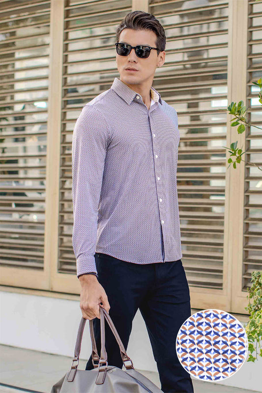 Model wearing Prism Taupe 6-Way Knit® long sleeve classic collar shirt, styled with black pants
