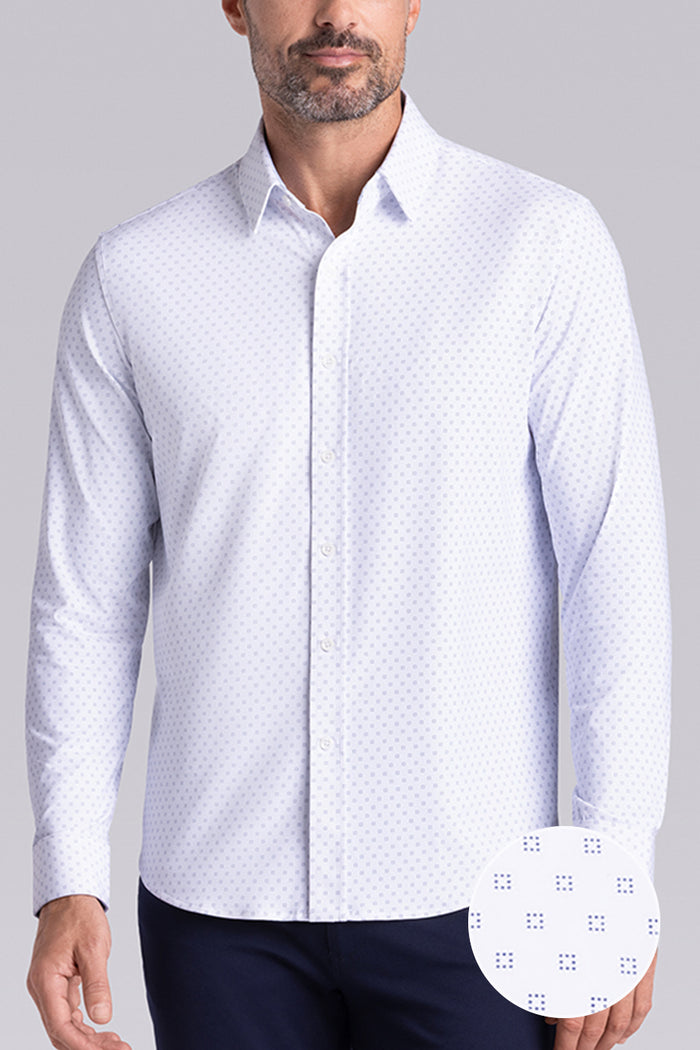 Model wearing Prism White 6-Way Knit® long sleeve classic collar shirt, styled with black pants