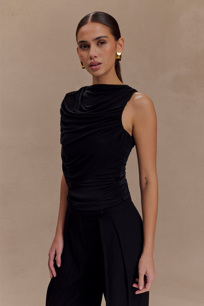 Pruedance Slinky Draped Top With Mesh Overlay - Black