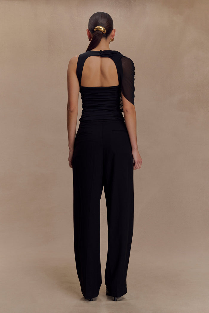 Pruedance Slinky Draped Top With Mesh Overlay - Black