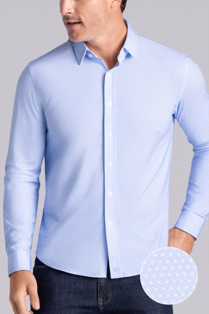 Model wearing Pulse Airy Blue Icy Cotton® long sleeve classic collar shirt, styled with black pants