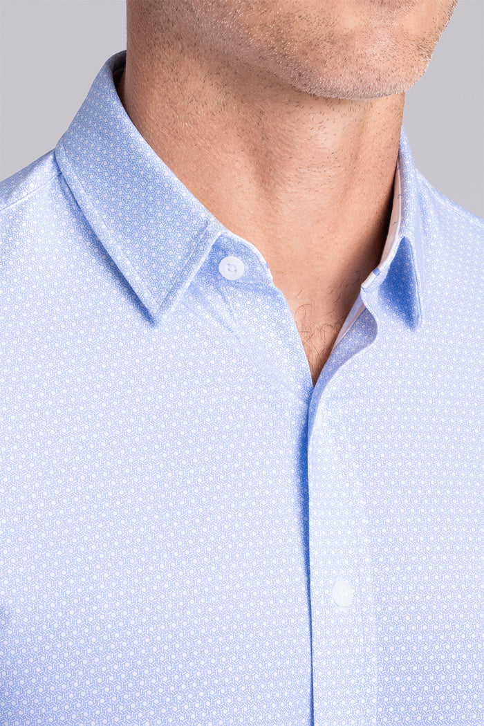 Model wearing Pulse Airy Blue Icy Cotton® long sleeve classic collar shirt, styled with black pants