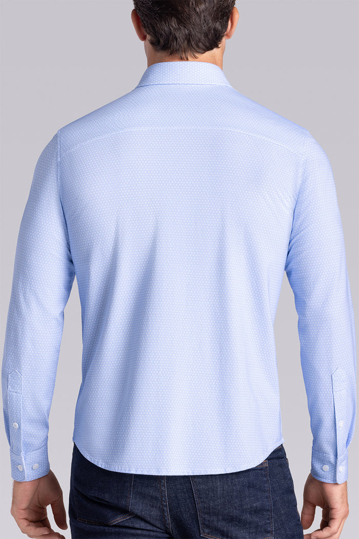 Model wearing Pulse Airy Blue Icy Cotton® long sleeve classic collar shirt, styled with black pants