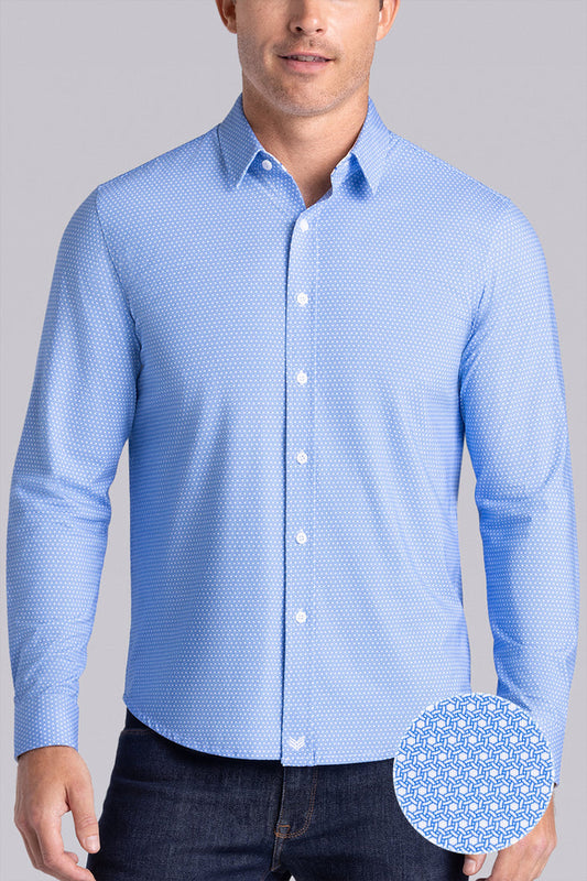 Model wearing Pulse Palace Blue Blue Icy Cotton® long sleeve classic collar shirt, styled with black pants