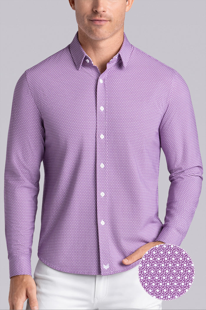 Model wearing Pulse Plum Icy Cotton® long sleeve classic collar shirt, styled with white pants