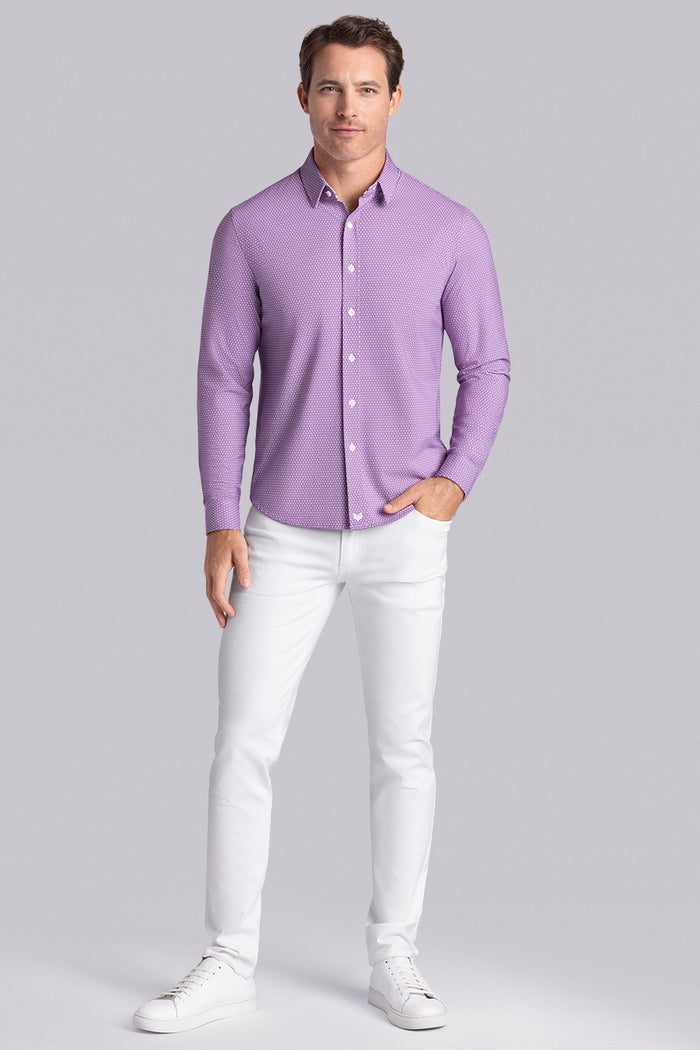 Model wearing Pulse Plum Icy Cotton® long sleeve classic collar shirt, styled with white pants