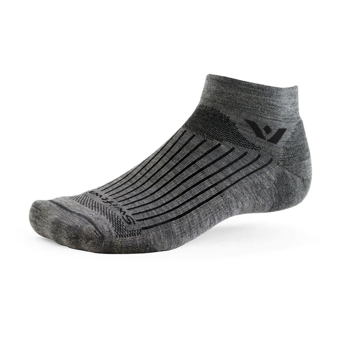 Side profile of Pursuit ankle sock in heather gray showcasing compression channeling, cushioned toe, and low-cut cuff on white background