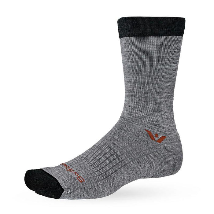Pursuit Crew sock in heather gray with crimson stripes