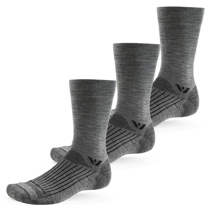 Three pairs of Pursuit Crew socks in heather gray