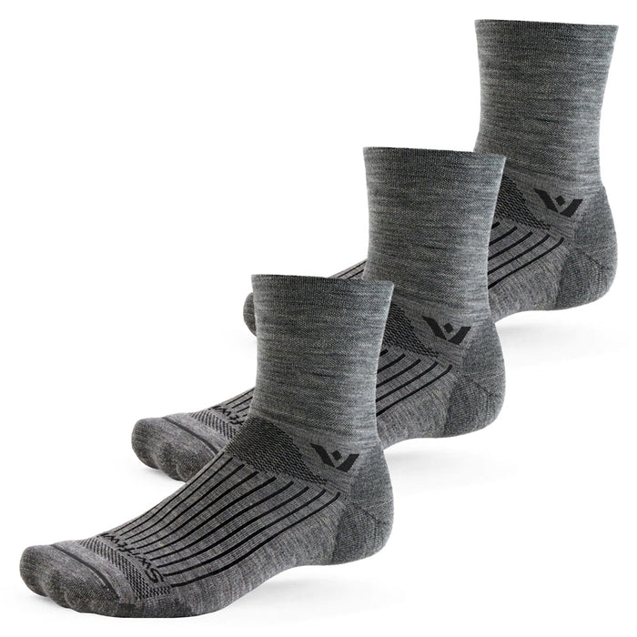Three pairs of Pursuit Quarter Crew High socks in heather gray