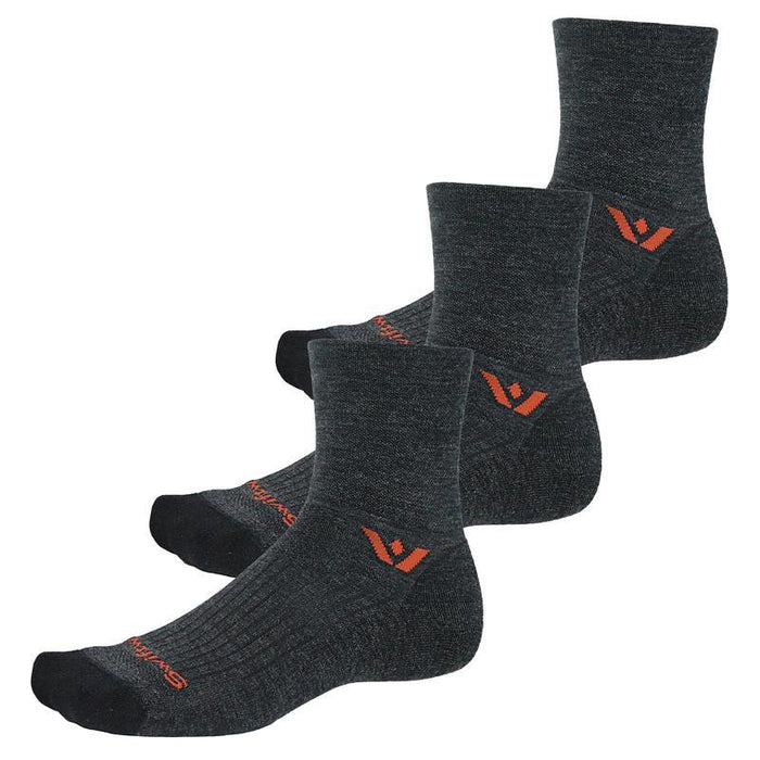 Three pairs of Pursuit Quarter Crew High socks in coal gray with crimson accents
