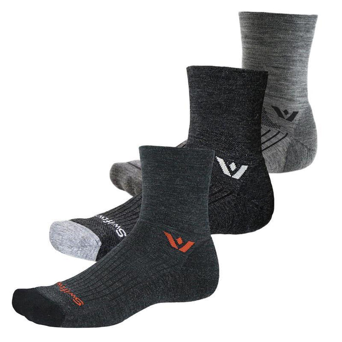 Three-quarter view of Pursuit Quarter Crew High socks, 3-pair pack in coal, charcoal, and light gray on white background