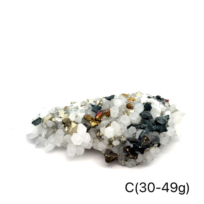 Pyrite in Quartz Gemstone Cluster on white C(30-49g) center front view