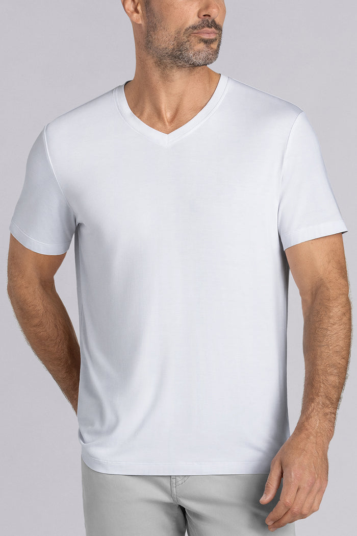 Model wearing Quintessential White short sleeve v-neck shirt, styled with grey pants
