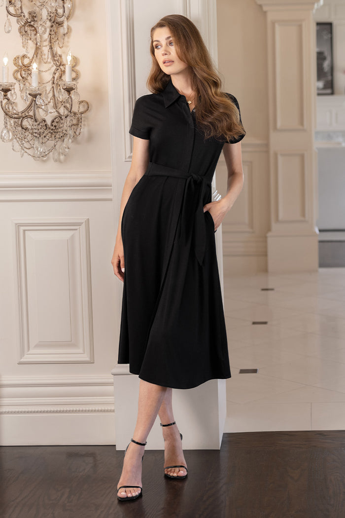 Model wearing Radiance Black Icy Bamboo® belted shirt dress short sleeve dress.