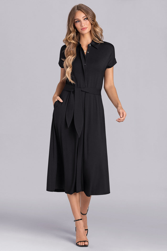 Model wearing Radiance Black Icy Bamboo® belted shirt dress short sleeve dress.
