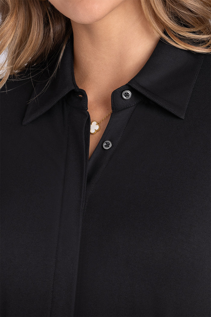 Model wearing Radiance Black Icy Bamboo® belted shirt dress short sleeve dress.