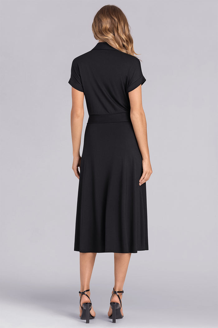 Model wearing Radiance Black Icy Bamboo® belted shirt dress short sleeve dress.