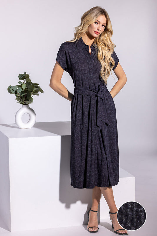 Model wearing Radiance Caviar Icy Bamboo® belted shirt dress short sleeve dress.