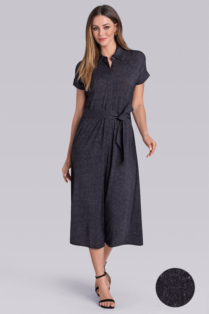 Model wearing Radiance Caviar Icy Bamboo® belted shirt dress short sleeve dress.