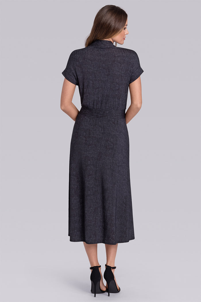 Model wearing Radiance Caviar Icy Bamboo® belted shirt dress short sleeve dress.