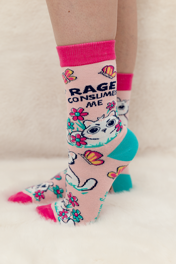 FUNNY CUTE CAT MEME RAGE PINK PATTERN SOCKS WOMEN UPTOWN SOX