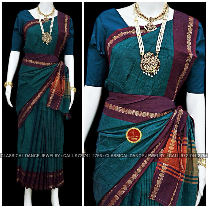 Classical Dance Jewelry Rama BLUE GREEN PURPLE Pre-stitched Practice Sari Blouse | Half Saree Kalakshethra Sari | Bharatnatyam Kuchipudi | Classical Dance Jewelry