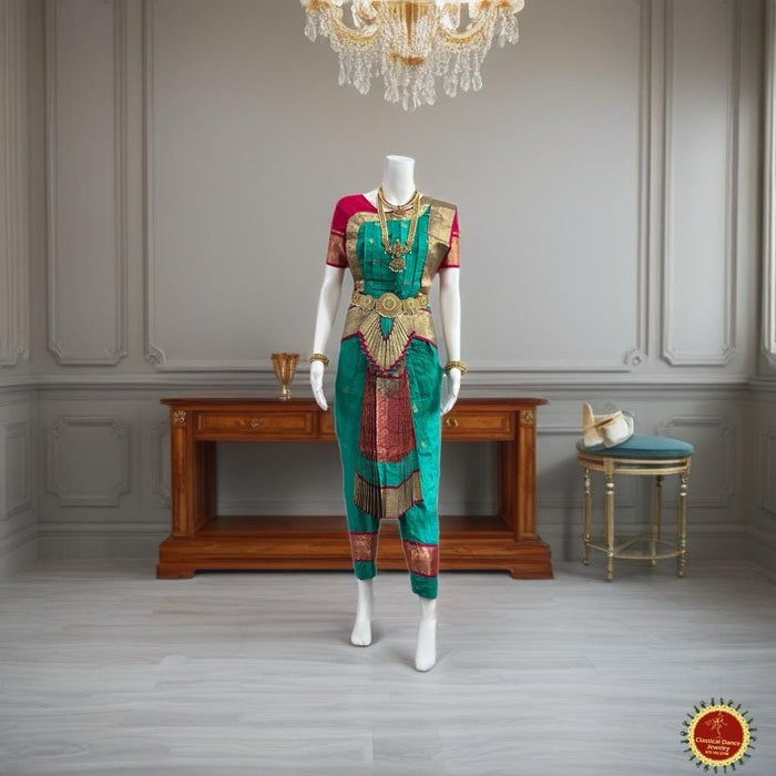 Classical Dance Jewelry RAMA GREEN PINK 34 inch Pant Length Bharatanatyam Gold Zari Dance Costume | Art silk, Dharmavaram Kanchi | Classical Dance Jewelry