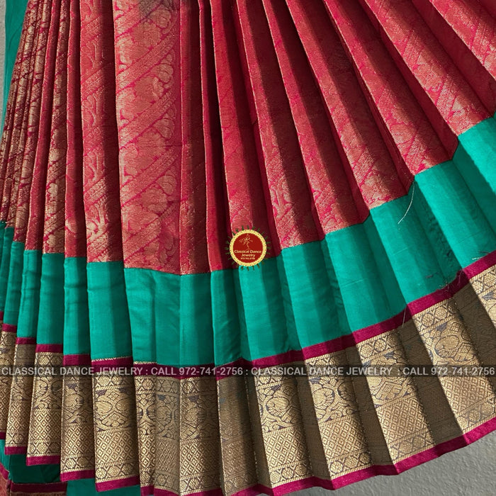 Classical Dance Jewelry RAMA GREEN PINK 34 inch Pant Length Bharatanatyam Gold Zari Dance Costume | Art silk, Dharmavaram Kanchi | Classical Dance Jewelry