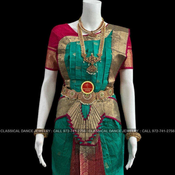 Classical Dance Jewelry RAMA GREEN PINK 34 inch Pant Length Bharatanatyam Gold Zari Dance Costume | Art silk, Dharmavaram Kanchi | Classical Dance Jewelry
