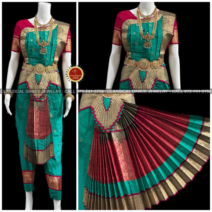 Classical Dance Jewelry RAMA GREEN PINK 34 inch Pant Length Bharatanatyam Gold Zari Dance Costume | Art silk, Dharmavaram Kanchi | Classical Dance Jewelry