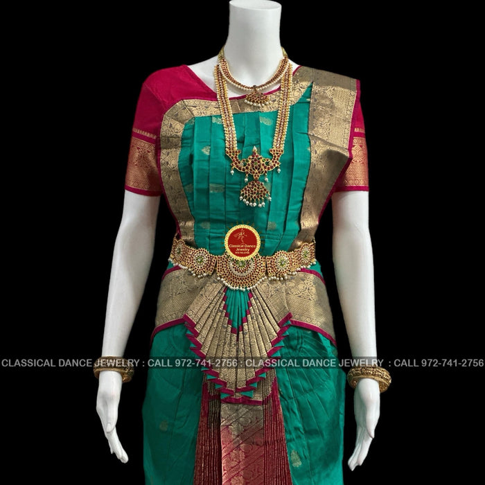 Classical Dance Jewelry RAMA GREEN Pink 36 inches Pant Length Bharatanatyam Gold Zari Dance Costume | Art silk Dharmavaram kanchi | Classical Dance Jewelry
