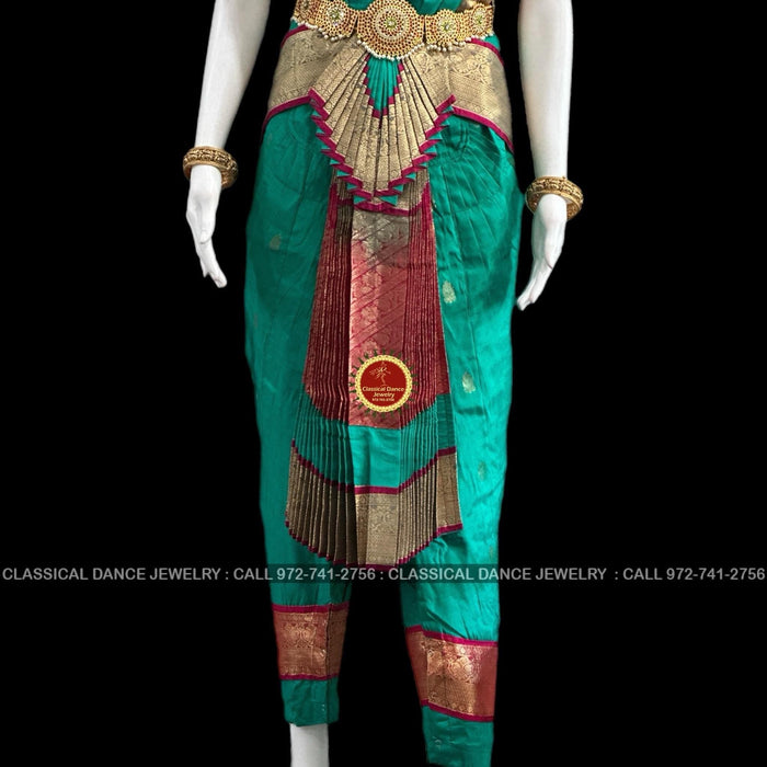 Classical Dance Jewelry RAMA GREEN Pink 36 inches Pant Length Bharatanatyam Gold Zari Dance Costume | Art silk Dharmavaram kanchi | Classical Dance Jewelry