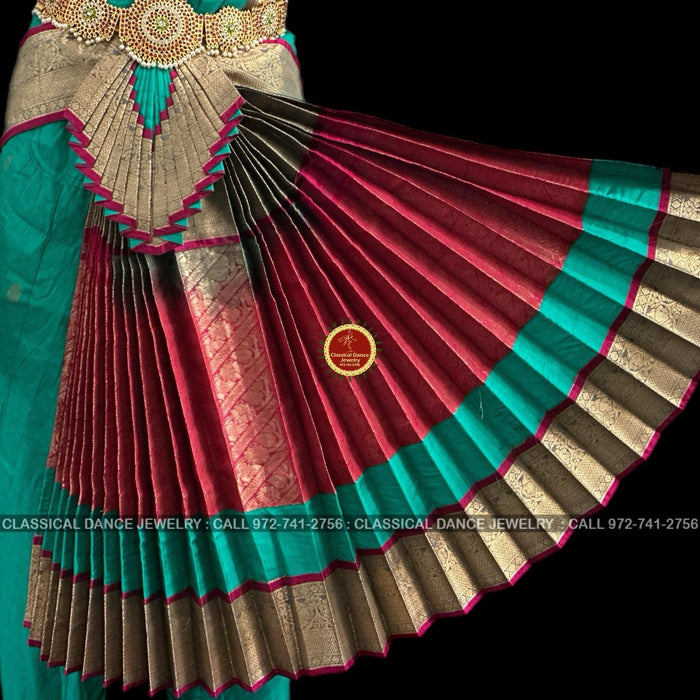 Classical Dance Jewelry RAMA GREEN Pink 36 inches Pant Length Bharatanatyam Gold Zari Dance Costume | Art silk Dharmavaram kanchi | Classical Dance Jewelry