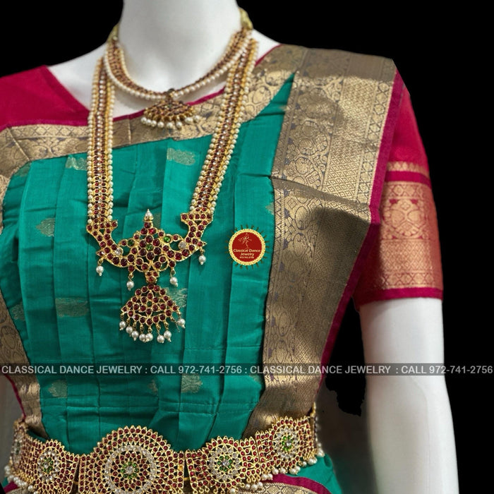 Classical Dance Jewelry RAMA GREEN Pink 36 inches Pant Length Bharatanatyam Gold Zari Dance Costume | Art silk Dharmavaram kanchi | Classical Dance Jewelry