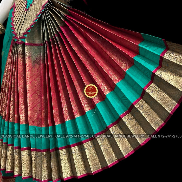 Classical Dance Jewelry RAMA GREEN Pink 36 inches Pant Length Bharatanatyam Gold Zari Dance Costume | Art silk Dharmavaram kanchi | Classical Dance Jewelry