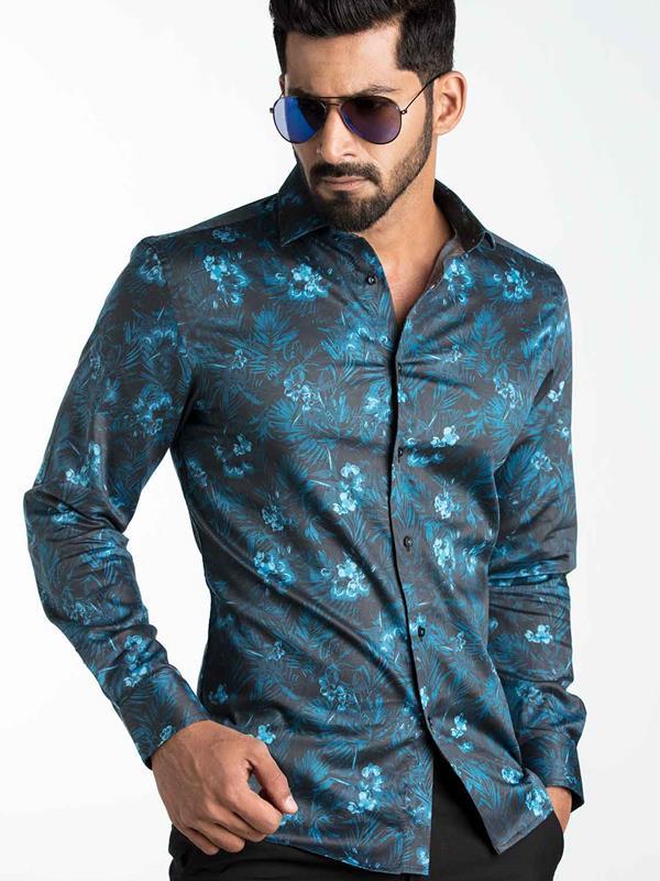 Rayel Blue Printed Full Sleeve Single Cuff Slim Fit Party Wear Blended Shirt