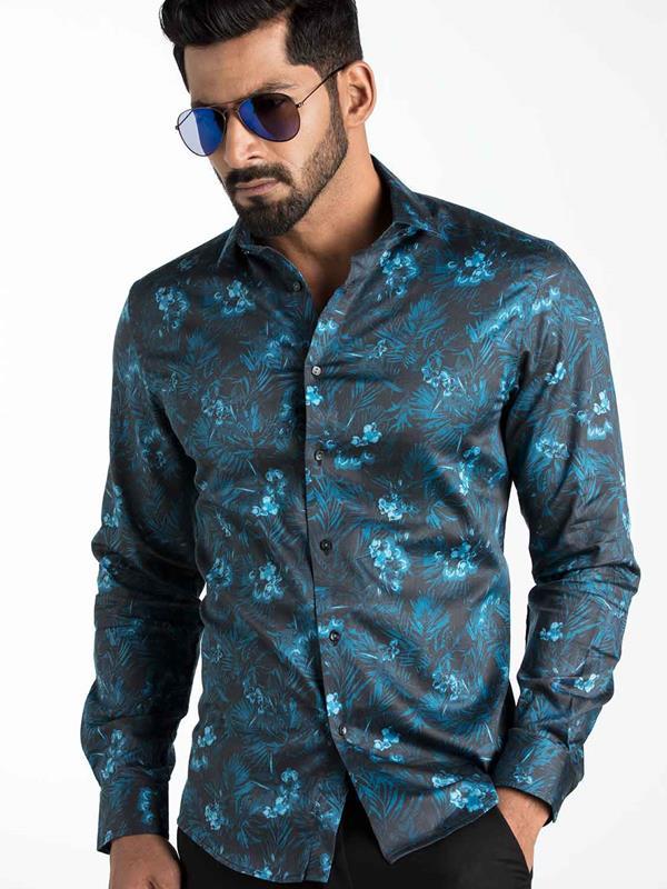 Rayel Blue Printed Full Sleeve Single Cuff Slim Fit Party Wear Blended Shirt