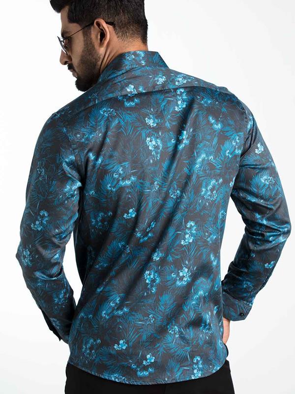 Rayel Blue Printed Full Sleeve Single Cuff Slim Fit Party Wear Blended Shirt