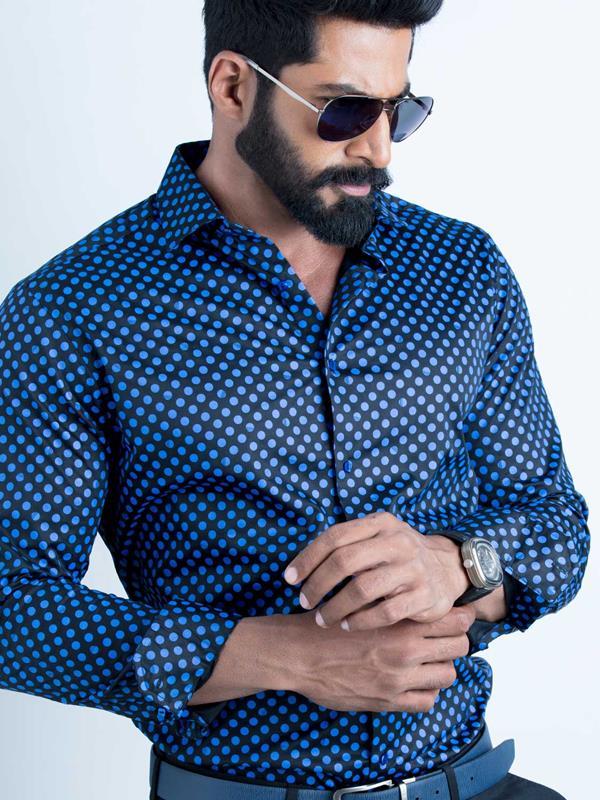 Razz Cobalt Printed Full Sleeve Single Cuff Slim Fit Party Wear Blended Shirt