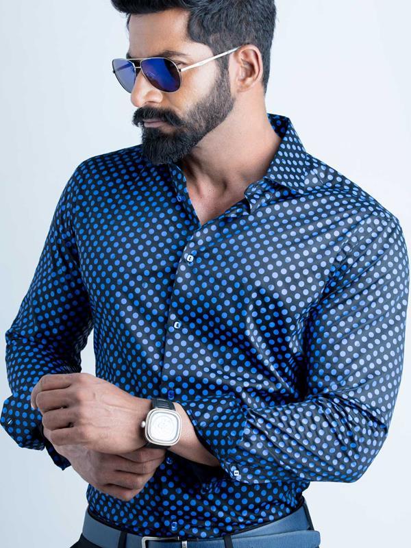Razz Cobalt Printed Full Sleeve Single Cuff Slim Fit Party Wear Blended Shirt
