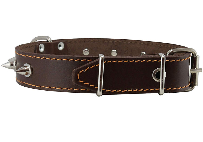 Real Leather Brown Spiked Dog Collar Spikes, 1.25" Wide. Fits 15.5"-20" Neck, Medium Breeds