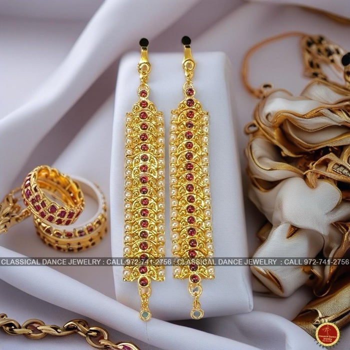 Classical Dance Jewelry Red Kemp temple Indian Jewelry Mattilu | Ear Chains | Bharatnatyam, Kuchipudi, Engagement, Weddings | Classical Dance Jewelry