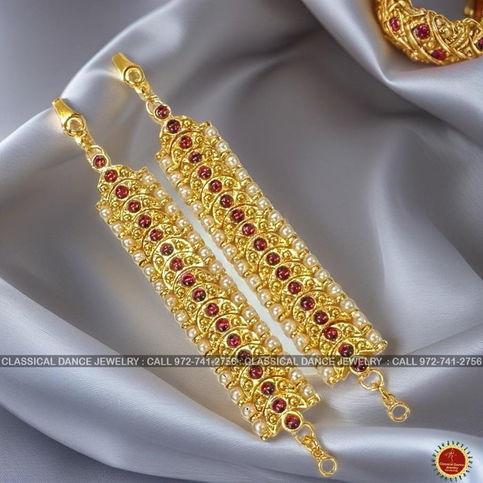 Classical Dance Jewelry Red Kemp temple Indian Jewelry Mattilu | Ear Chains | Bharatnatyam, Kuchipudi, Engagement, Weddings | Classical Dance Jewelry