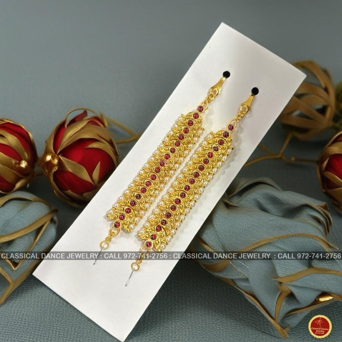 Classical Dance Jewelry Red Kemp temple Indian Jewelry Mattilu | Ear Chains | Bharatnatyam, Kuchipudi, Engagement, Weddings | Classical Dance Jewelry