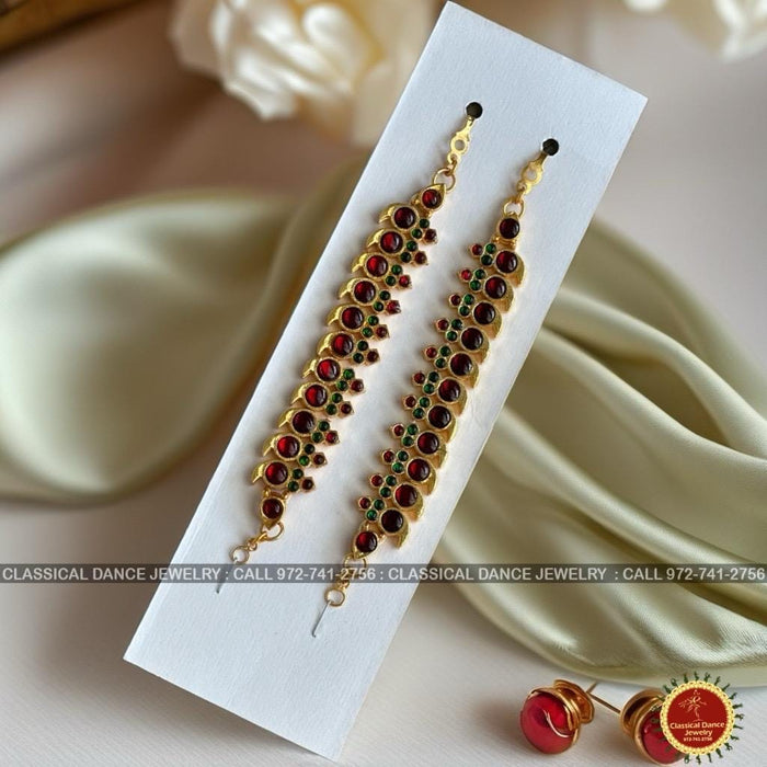 Classical Dance Jewelry Red Kempu Temple Indian Jewelry Traditional Mattilu | Ear Chains | Bharatnatyam Kuchipudi Engagement Wedding party | Classical Dance Jewelry