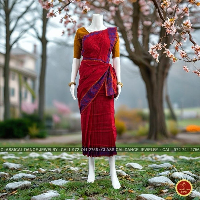 Classical Dance Jewelry RED Pre-stitched Practice Sari MUSTARD GOLD Blouse | Half Saree Kalakshethra Sari | Bharatnatyam Kuchipudi Folk | Classical Dance Jewelry
