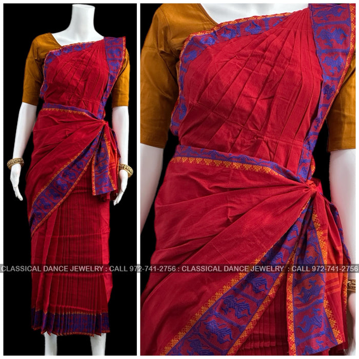 Classical Dance Jewelry RED Pre-stitched Practice Sari MUSTARD GOLD Blouse | Half Saree Kalakshethra Sari | Bharatnatyam Kuchipudi Folk | Classical Dance Jewelry