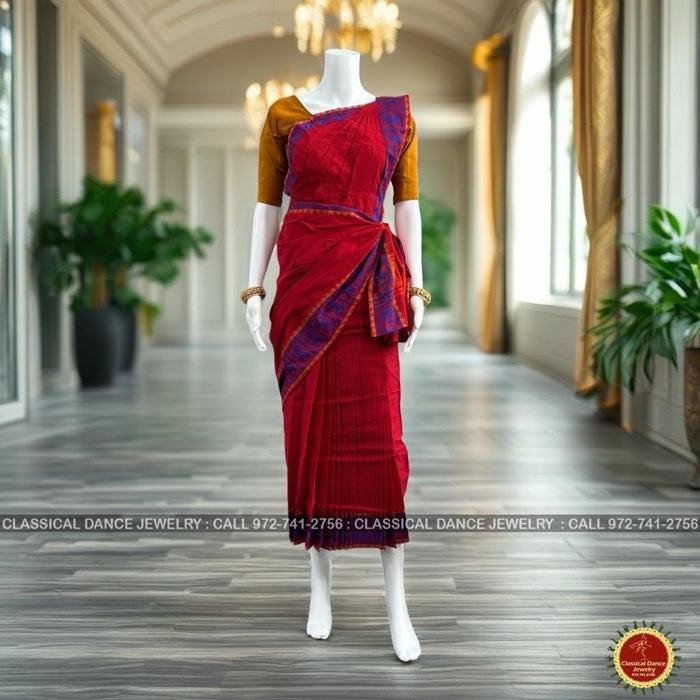 Classical Dance Jewelry RED Pre-stitched Practice Sari MUSTARD GOLD Blouse | Half Saree Kalakshethra Sari | Bharatnatyam Kuchipudi Folk | Classical Dance Jewelry